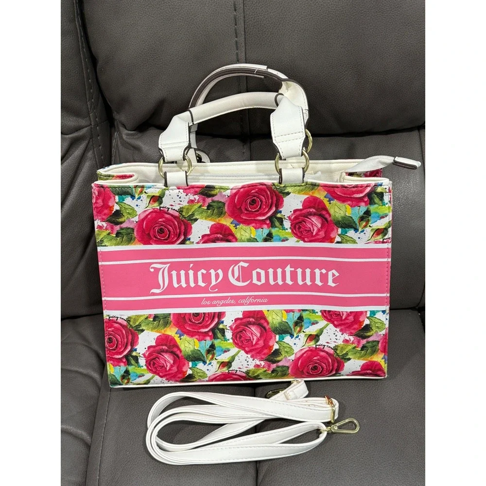 Juicy Couture Rose Print Satchel‎ Handbag White Pink Los Angeles California